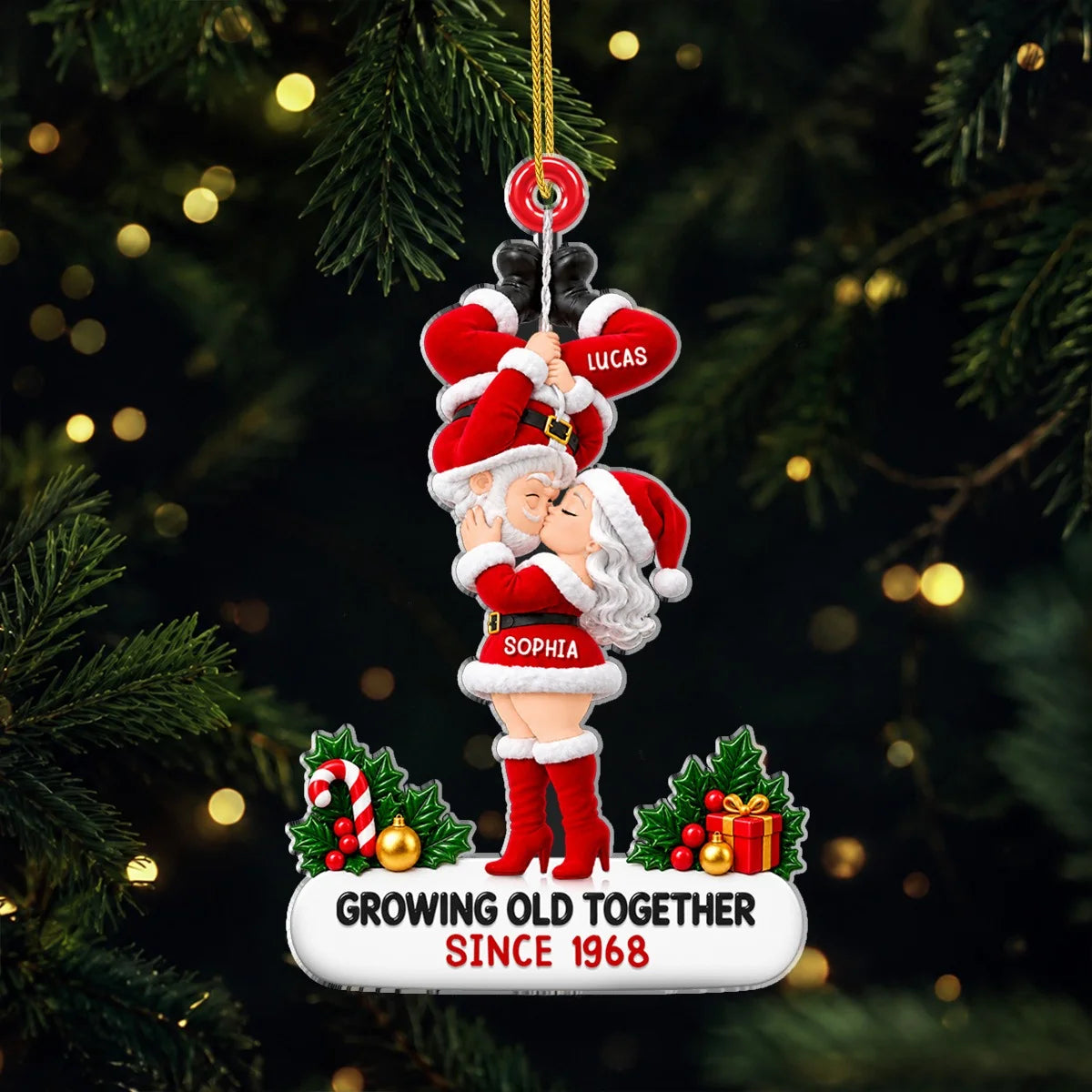 Kissing Santa Growing Old Together Personalized Acrylic Ornament - Christmas Gift for Couples