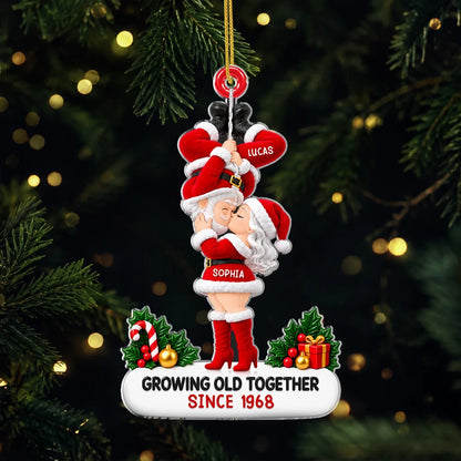 Kissing Santa Growing Old Together Personalized Acrylic Ornament - Christmas Gift for Couples