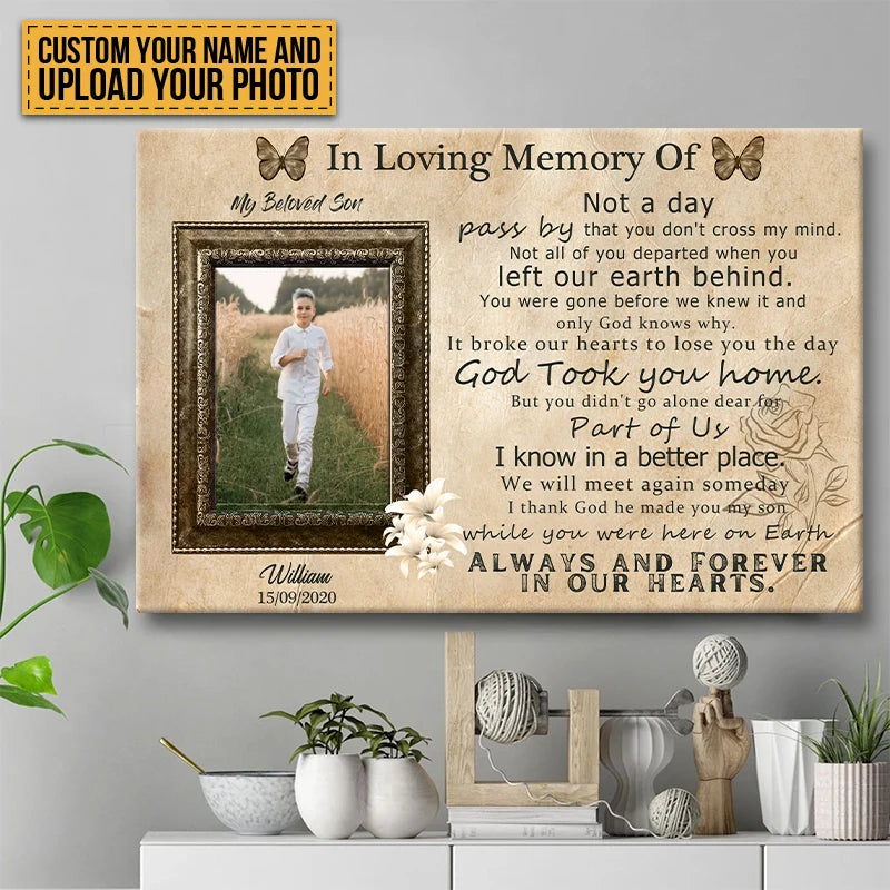 "Always & Forever in Our Hearts" Personalized Memorial Canvas / Poster for Son - Custom Photo Loss of Son Keepsake Wall Art