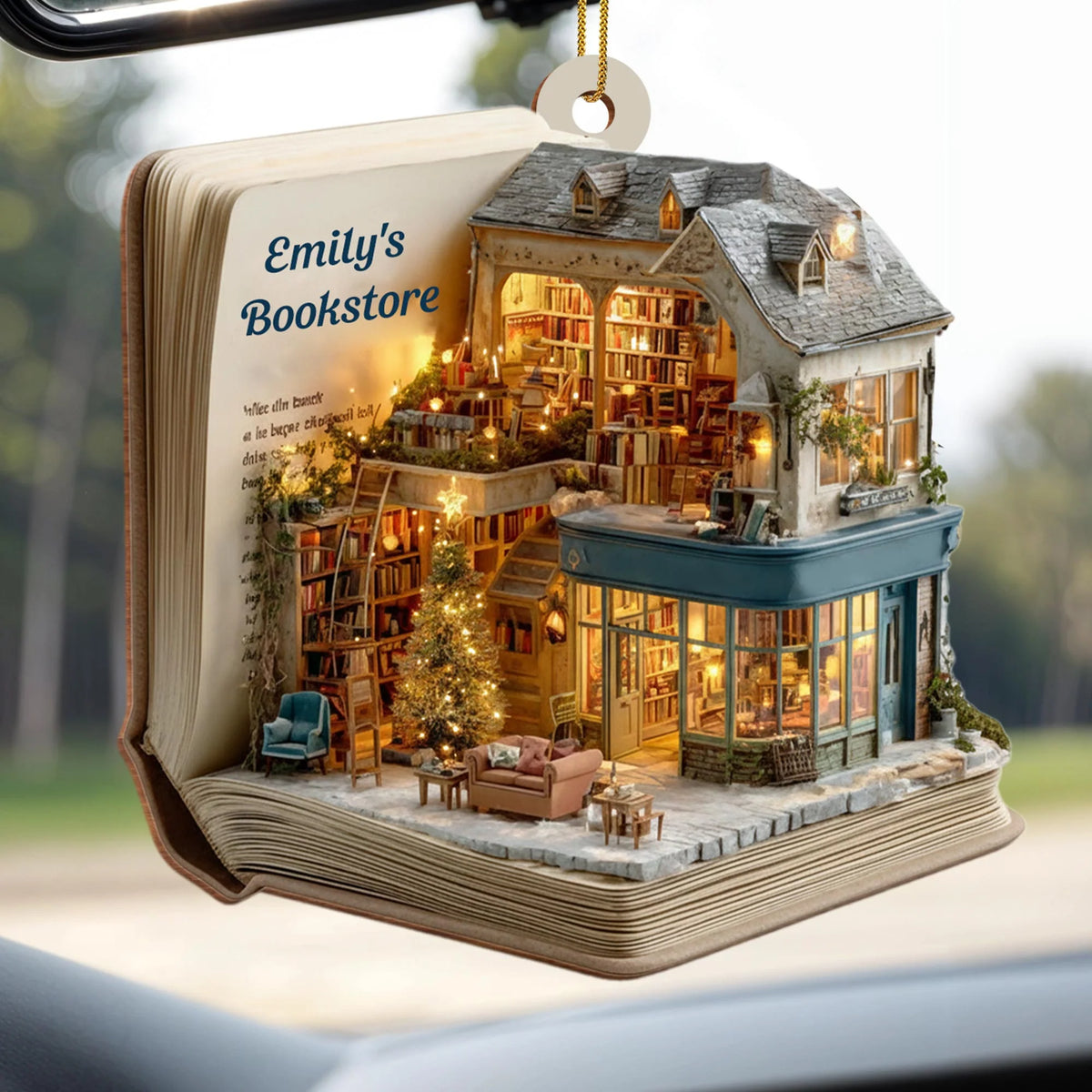 Cozy Bookstore Scene Personalized Wooden Ornament - Book Lovers Custom Holiday Gift