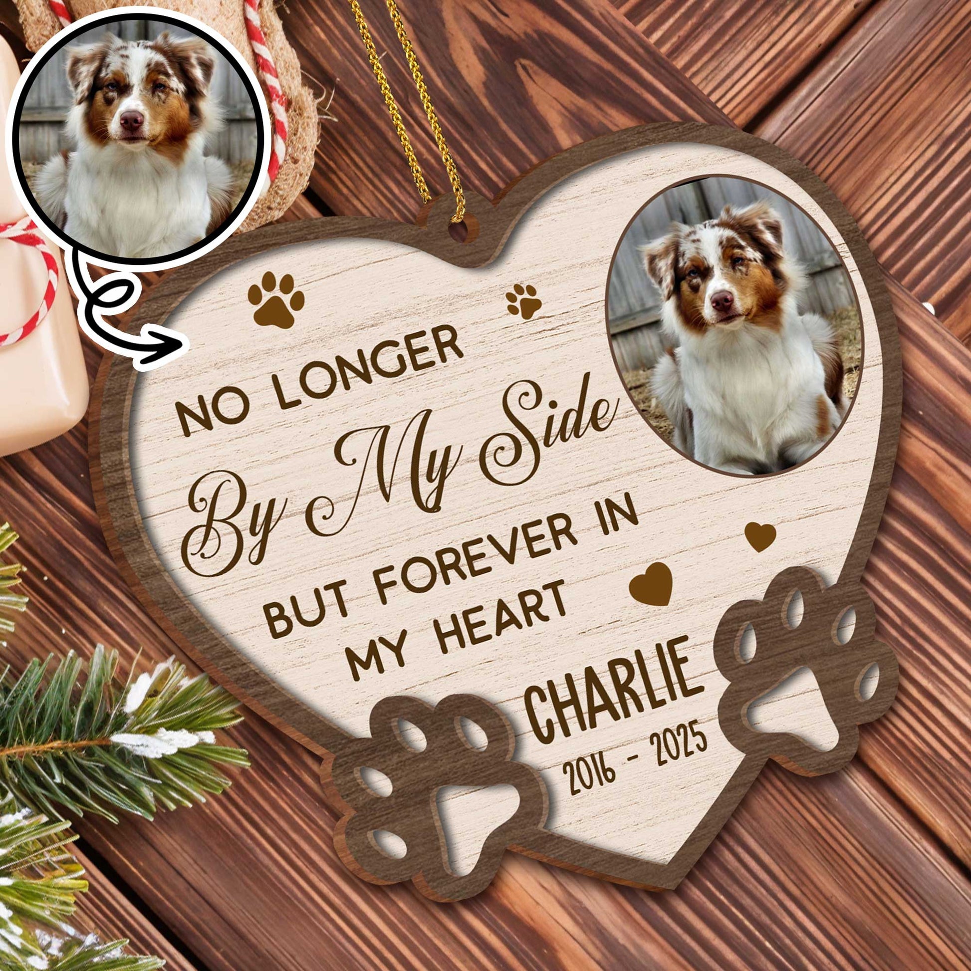 Personalized pet memorial wooden ornament with custom dog photo print for pet loss gift