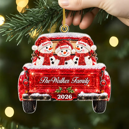 Personalized Snowman Family Truck Acrylic Ornament - Custom Family Christmas Keepsake Gift for Holiday Tree Decor