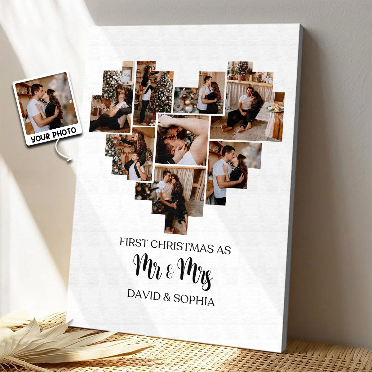 "First Christmas As Mr & Mrs" - Personalized Photo Heart Collage Canvas / Poster for Couples