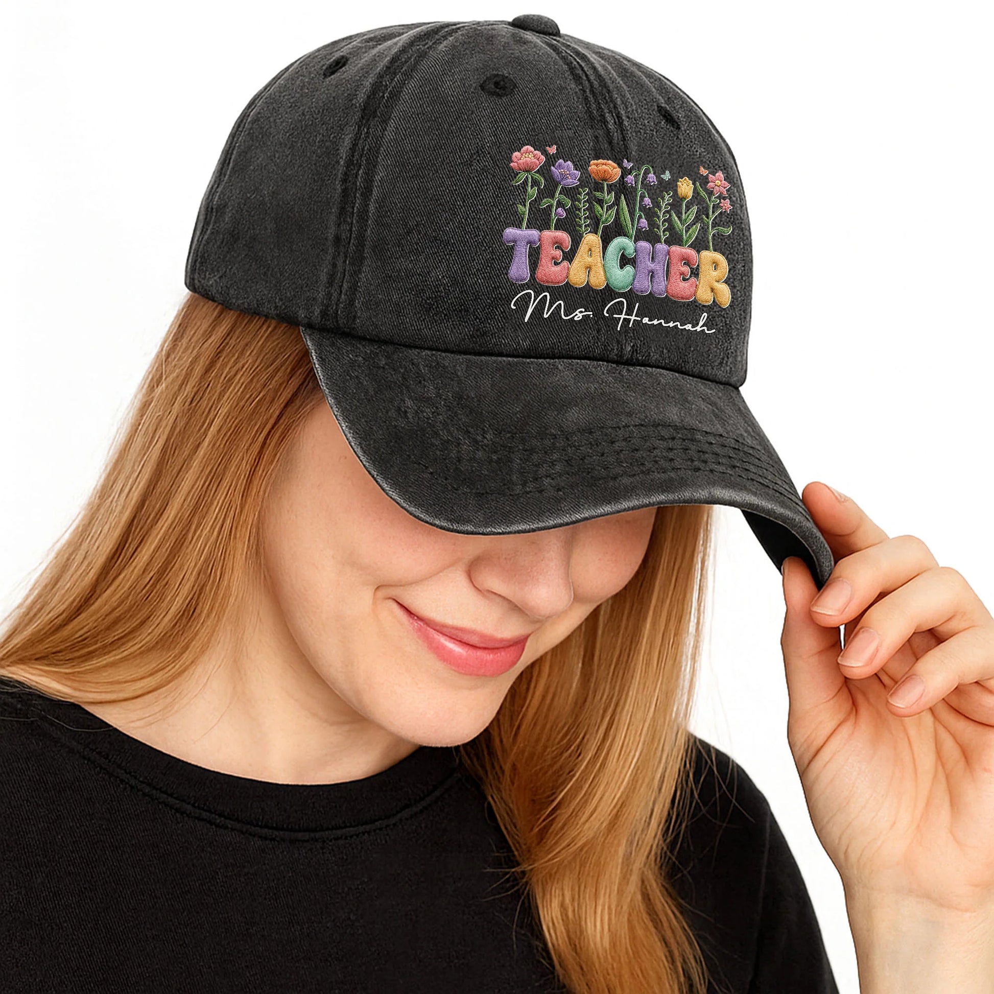 Personalized Teacher Floral Washed Denim Cap personalization view for Teacher