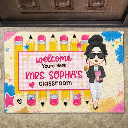 Personalized teacher doormat featuring colorful pencils and a custom teacher character for a classroom welcome mat image 6
