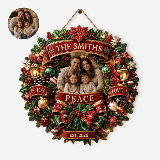 Joy Peace Love Personalized Family Photo Wood Sign - Custom Christmas Front Door Wreath Decor
