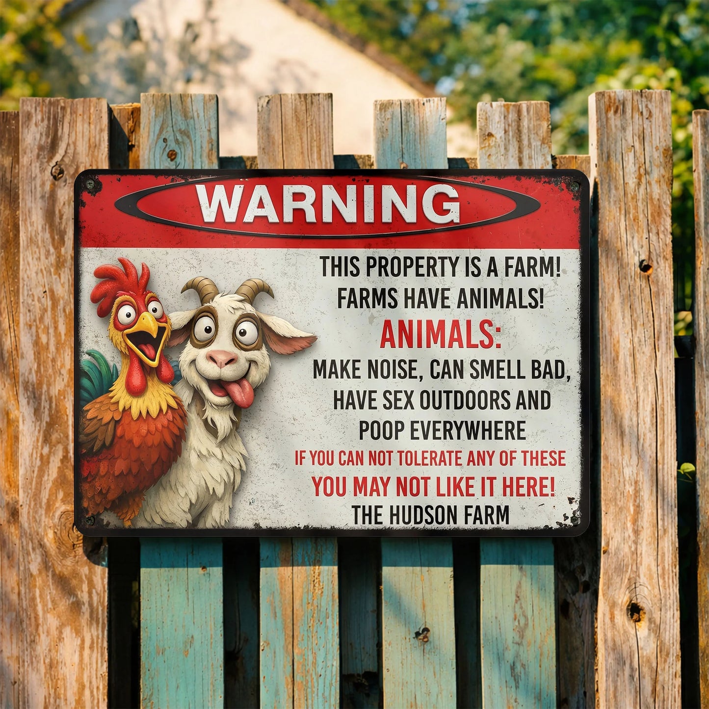 Personalized metal sign with a funny warning about farm animals, a cartoon rooster, and a goat on a wooden fence.