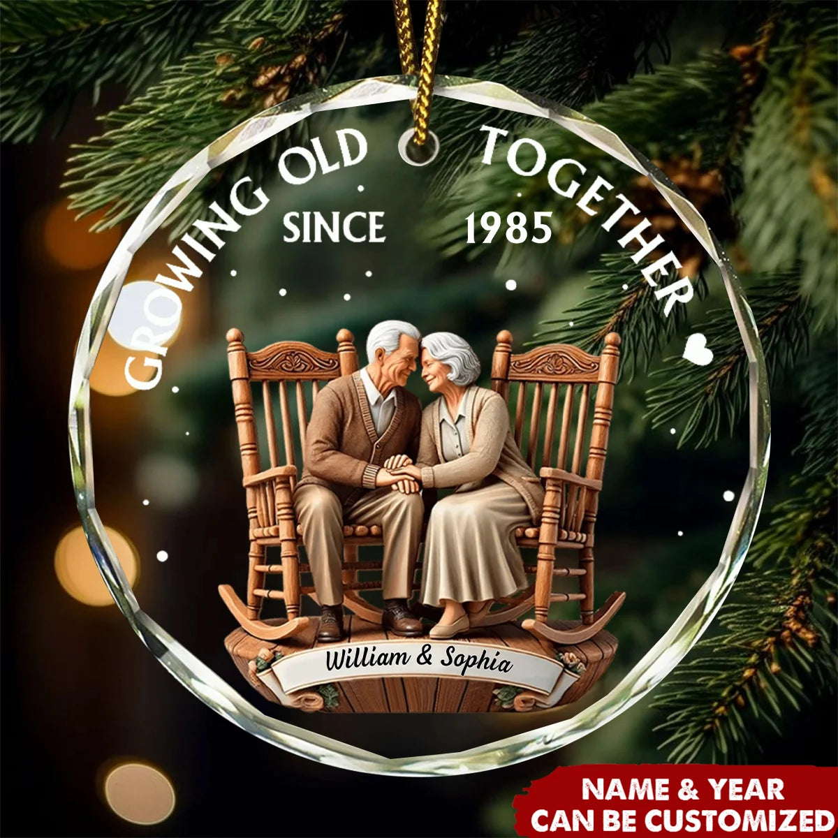 "Growing Old Together Since" Personalized Circle Glass Ornament - Custom Anniversary Gift for Couples