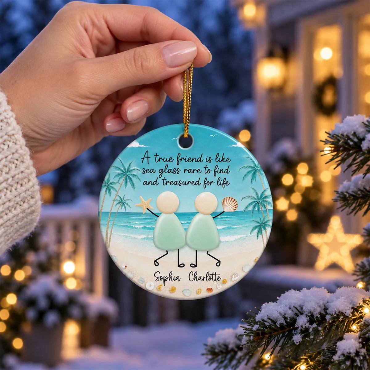 "A True Friend Is Like Sea Glass" Custom Name Ceramic Ornament - Personalized Christmas Keepsake Gift for Best Friends