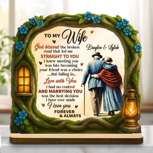 Personalized wife wood plaque with God Blessed The Broken Road quote and custom couple names