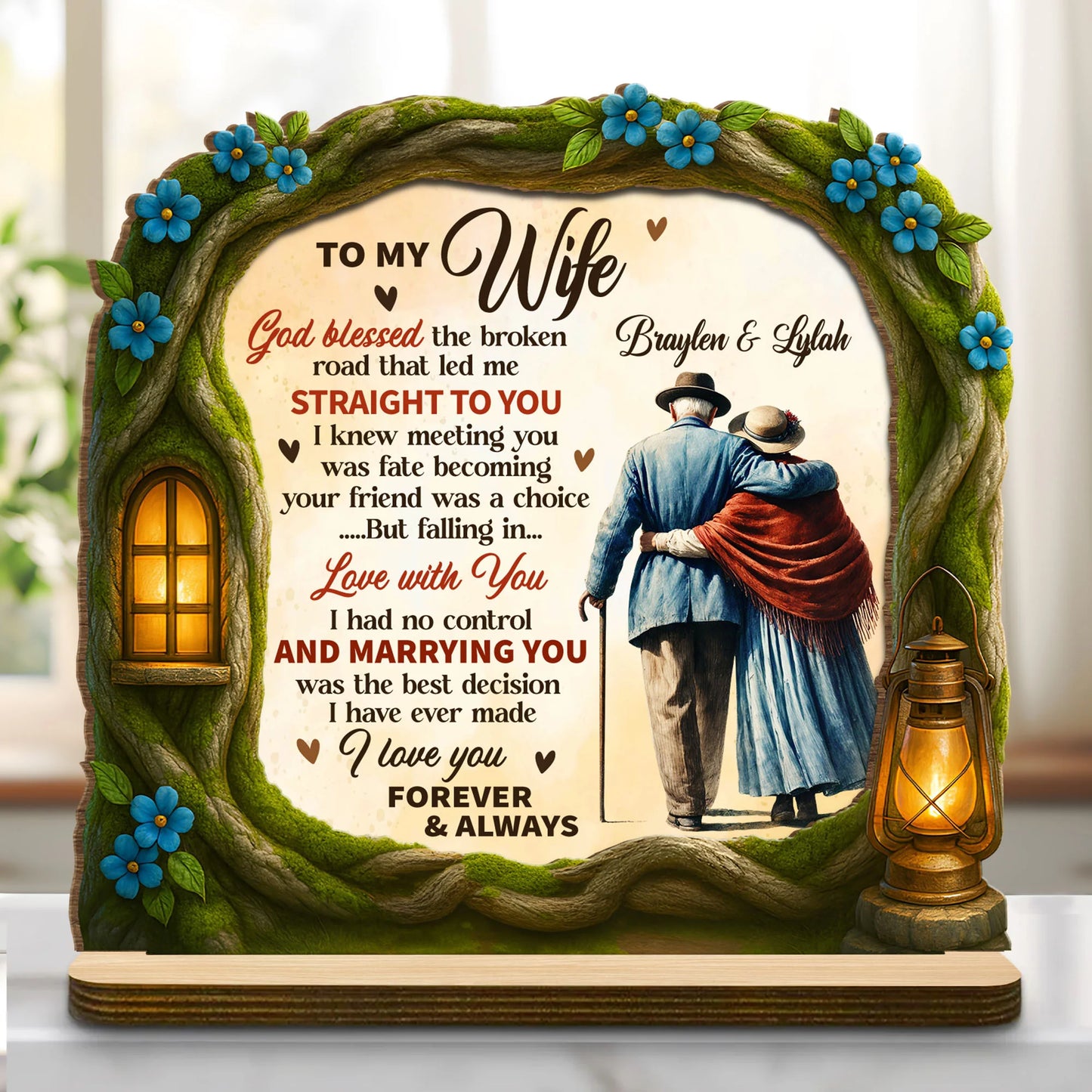 Personalized wife wood plaque with God Blessed The Broken Road quote and custom couple names