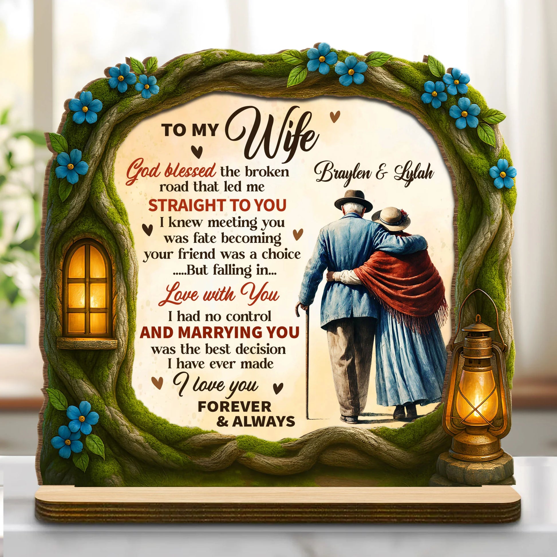 Personalized wife wood plaque with God Blessed The Broken Road quote and custom couple names