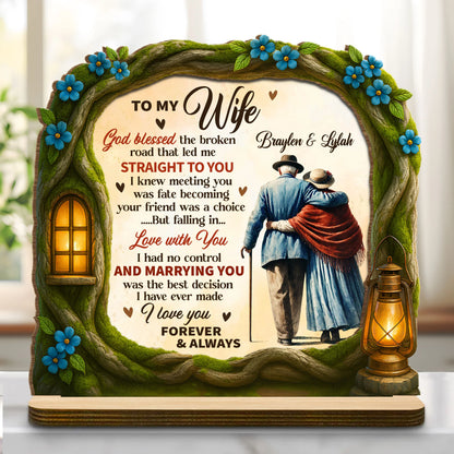 Personalized wife wood plaque with God Blessed The Broken Road quote and custom couple names