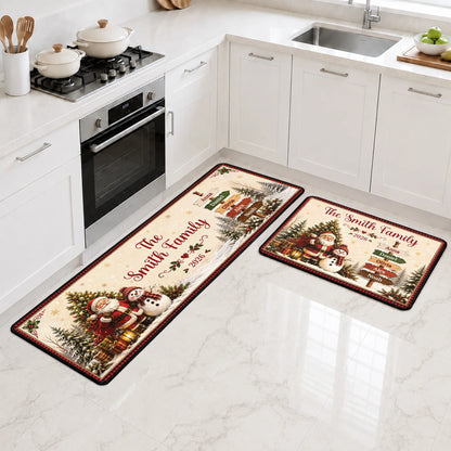 Personalized Christmas Runner Rug with Santa Snowman - Custom Holiday Kitchen Decor for Family
