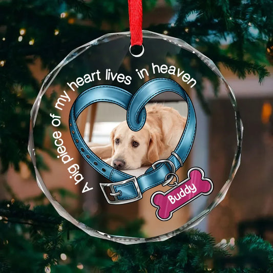A Big Piece Of My Heart Lives In Heaven - Personalized Dog Memorial Glass Ornament Gift