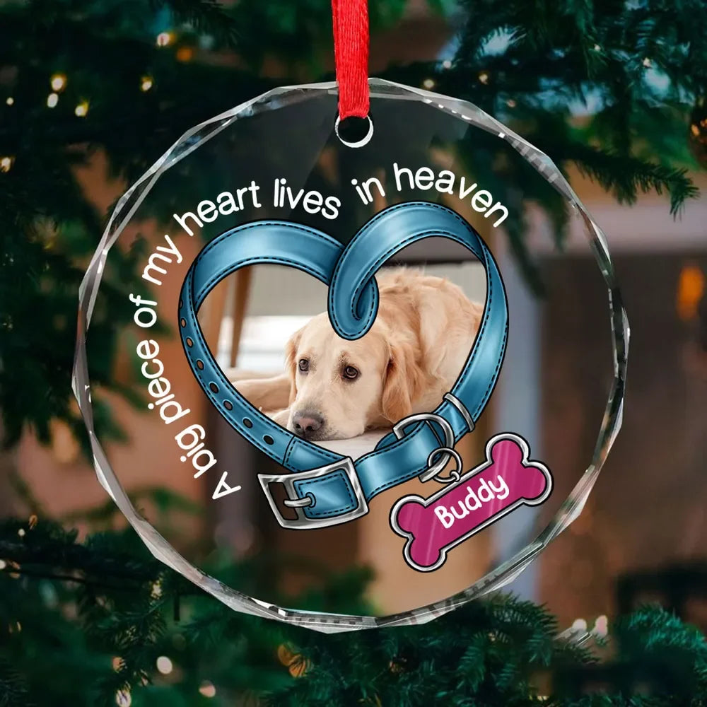 A Big Piece Of My Heart Lives In Heaven - Personalized Dog Memorial Glass Ornament Gift