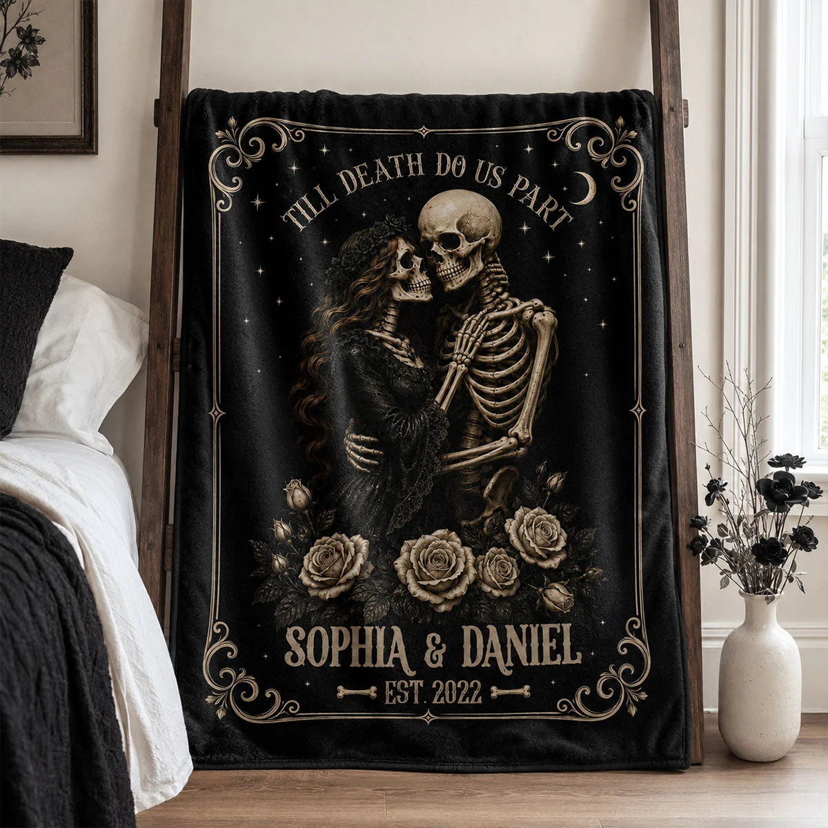 Till Death Do Us Part Skeleton Blanket - Personalized Gothic Couple Gift for Halloween & Anniversary