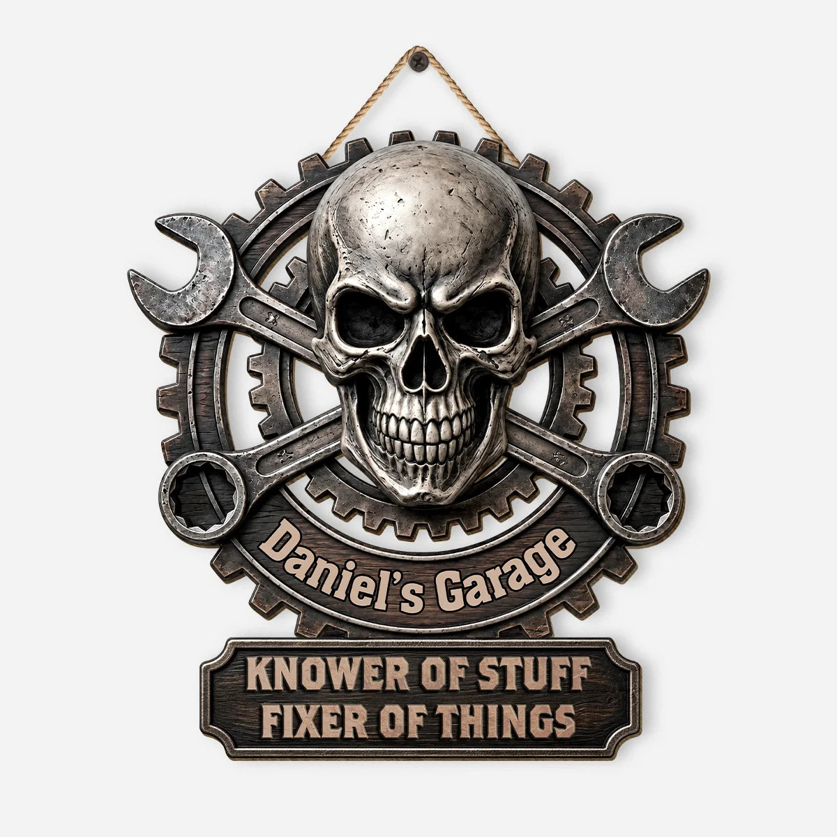 "Knower of Stuff Fixer of Things" Custom Garage Wood Sign - Personalized Mechanic Skull Gift