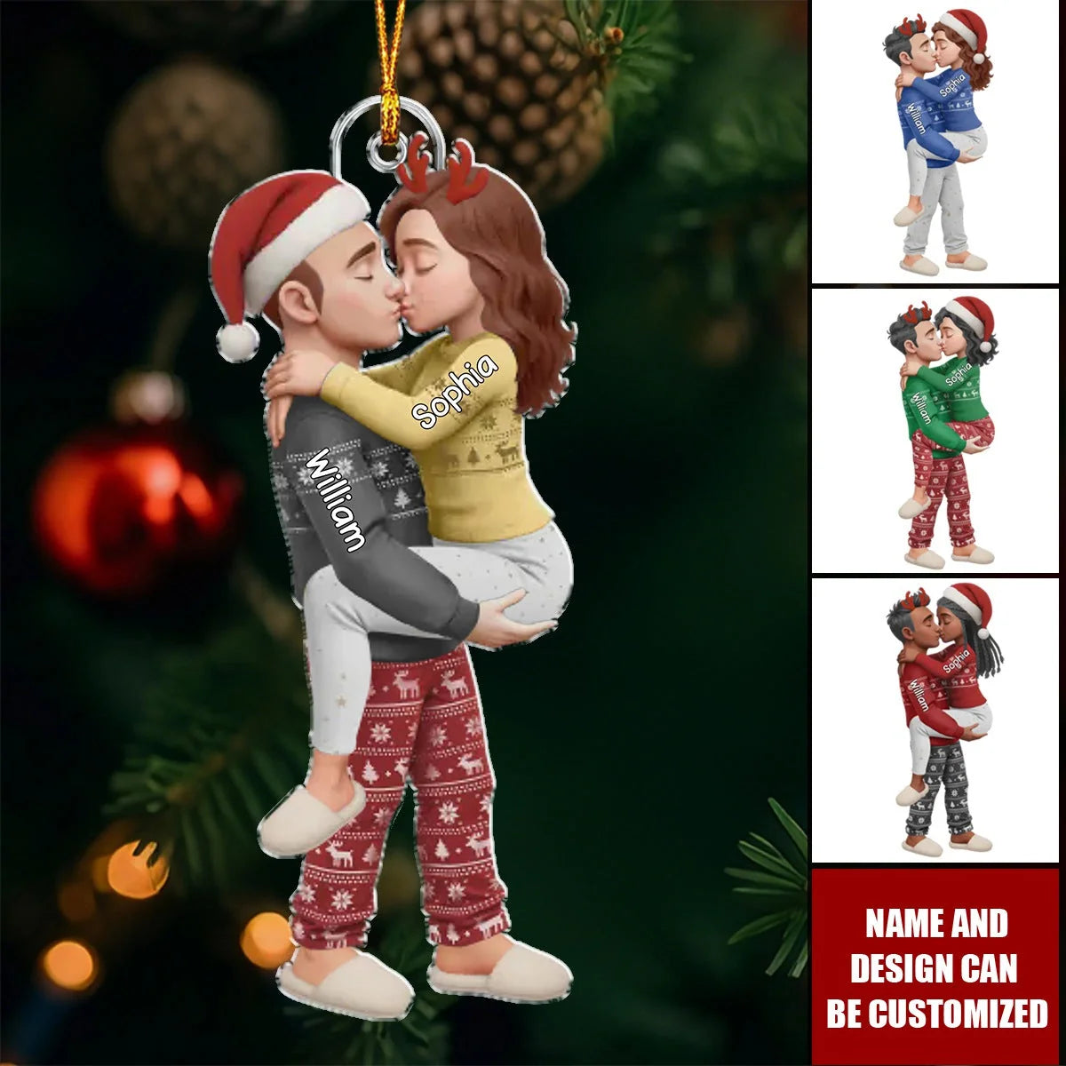 Kissing Couple In Pajamas Personalized Acrylic Ornament - Custom Husband & Wife Christmas Keepsake