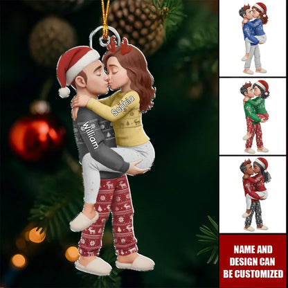Kissing Couple In Pajamas Personalized Acrylic Ornament - Custom Husband & Wife Christmas Keepsake