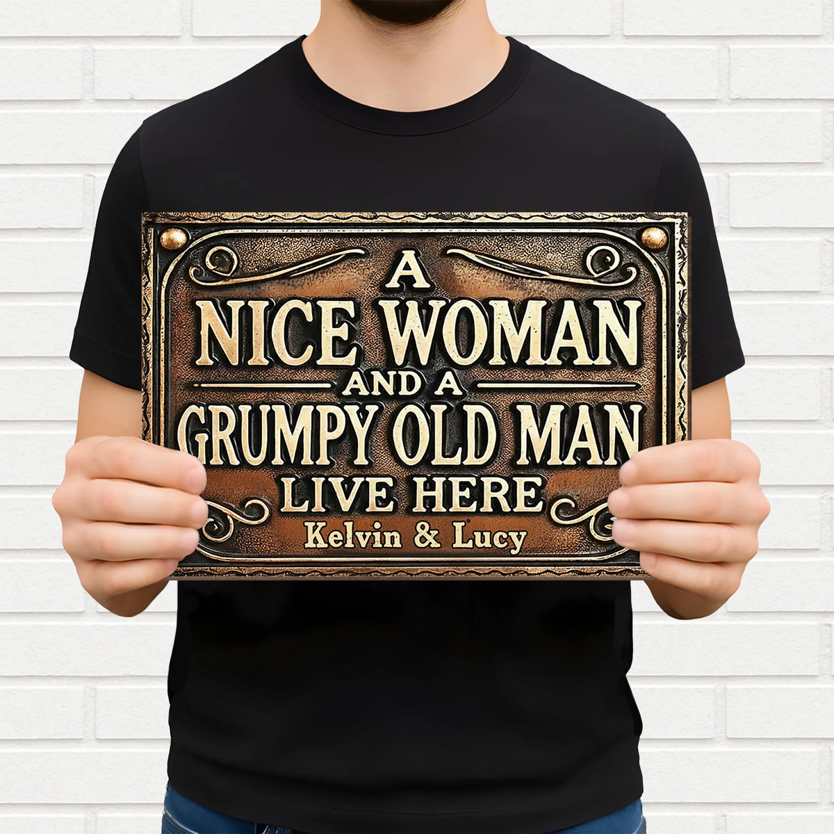 "A Nice Woman and A Grumpy Old Man Live Here" Personalized Metal Sign - Custom Housewarming Decor Gift for Couples