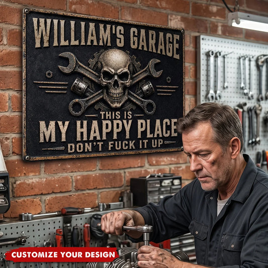 "This Is My Happy Place" Personalized Garage Metal Sign - Custom Workshop Decor Gift