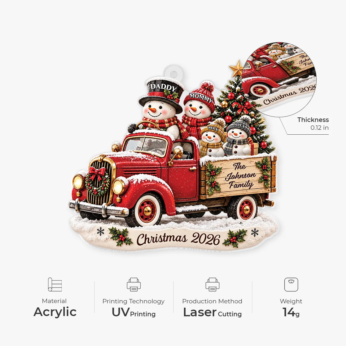 Snowman Family Red Truck Personalized Acrylic Ornament - Christmas Keepsake for Family