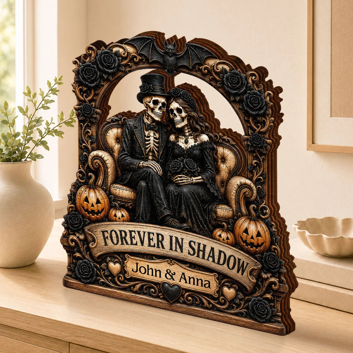 "Forever In Shadow" Personalized Skeleton Couple Wooden Block - Custom Gothic Halloween & Wedding Keepsake Gift for Couples