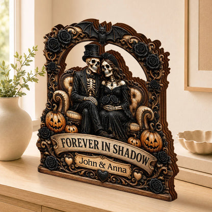 "Forever In Shadow" Personalized Skeleton Couple Wooden Block - Custom Gothic Halloween & Wedding Keepsake Gift for Couples