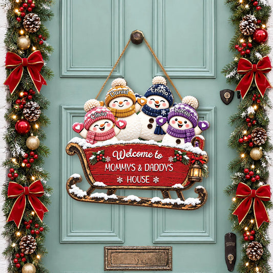 Welcome To Grandma & Grandpa's House Personalized Wood Sign - Custom Christmas Snowman Sleigh Door Hanger Gift