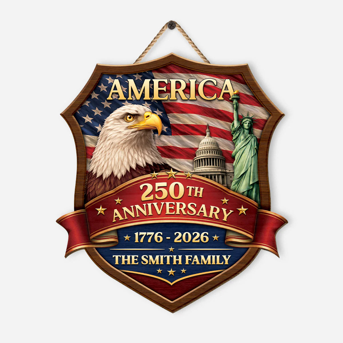 Personalized America 250th anniversary wood sign featuring a bald eagle and Statue of Liberty for family patriotic decor
