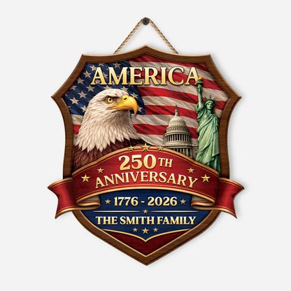 Personalized America 250th anniversary wood sign featuring a bald eagle and Statue of Liberty for family patriotic decor