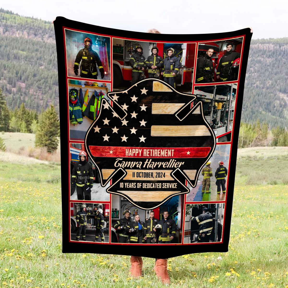 Personalized firefighter retirement blanket with custom photo collage and thin red line design image 7