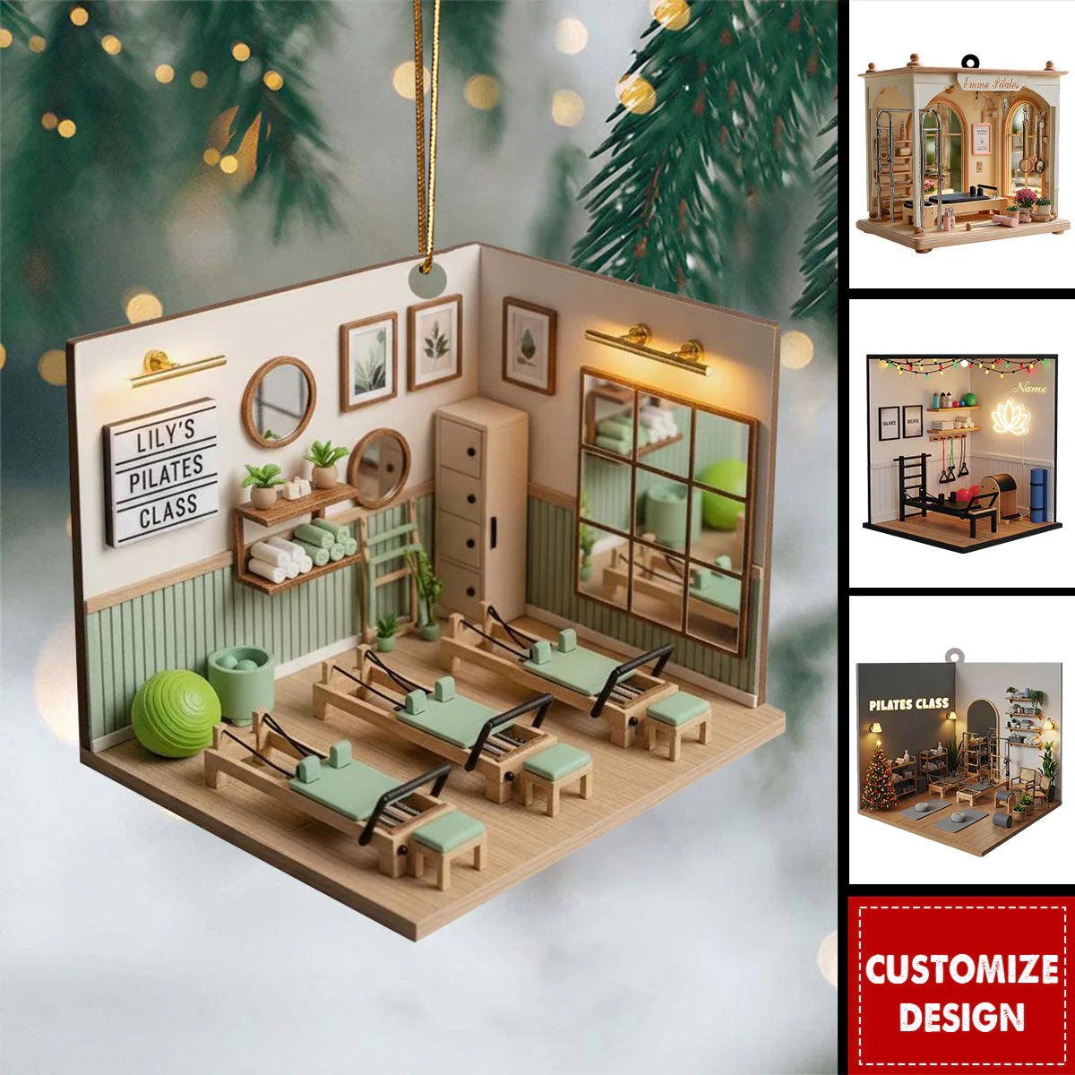 Personalized pilates teacher ornament featuring a detailed miniature 3D-effect acrylic studio design for instructors. image 6