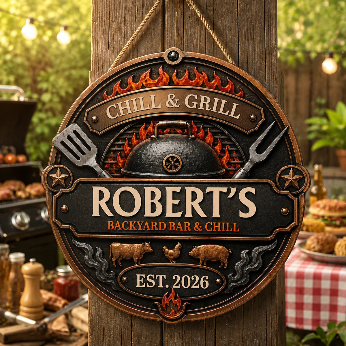 Chill and Grill Personalized Wood Sign - Custom BBQ Door Decor for Dad & Husband