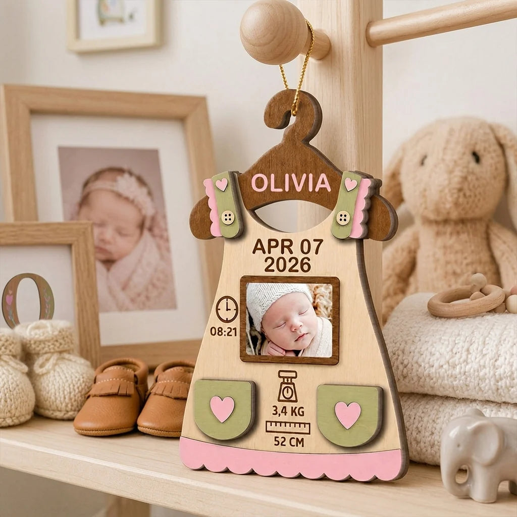 Personalized Baby First Christmas Ornament - Custom Wooden Romper Birth Stats Photo Keepsake Gift for New Parents