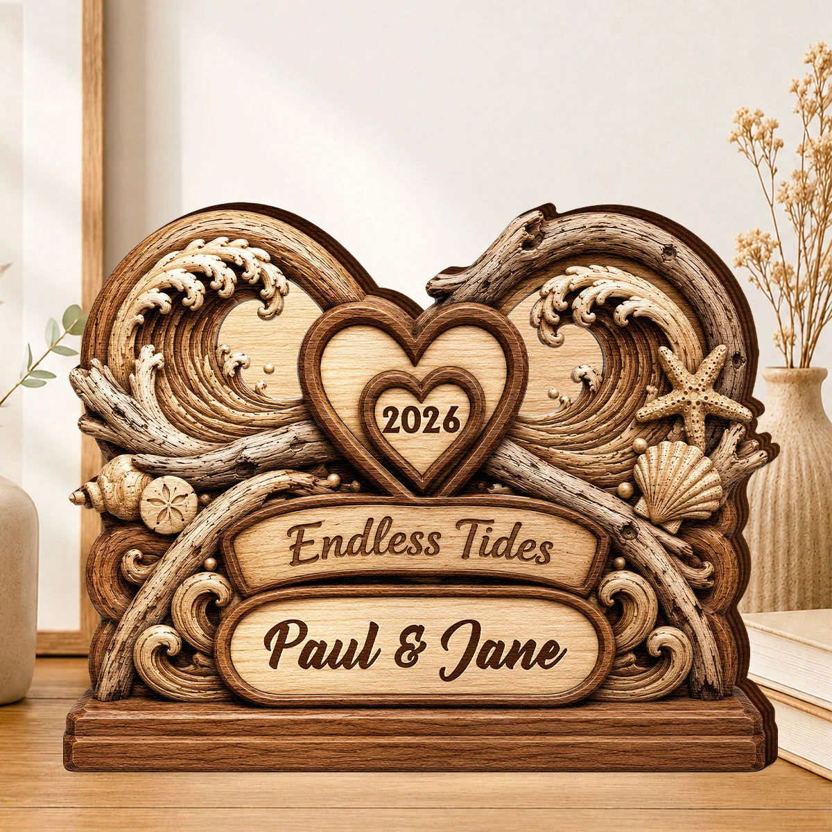 Endless Tides Personalized Wooden Block - Custom Ocean Waves Couple Keepsake Anniversary Gift for Wife Husband