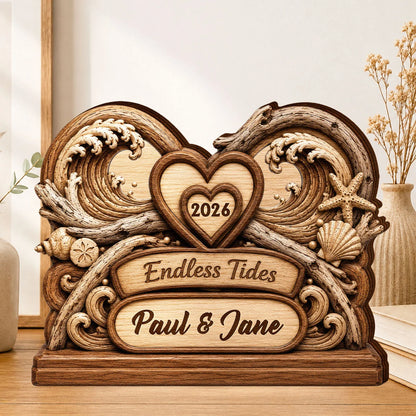 Endless Tides Personalized Wooden Block - Custom Ocean Waves Couple Keepsake Anniversary Gift for Wife Husband
