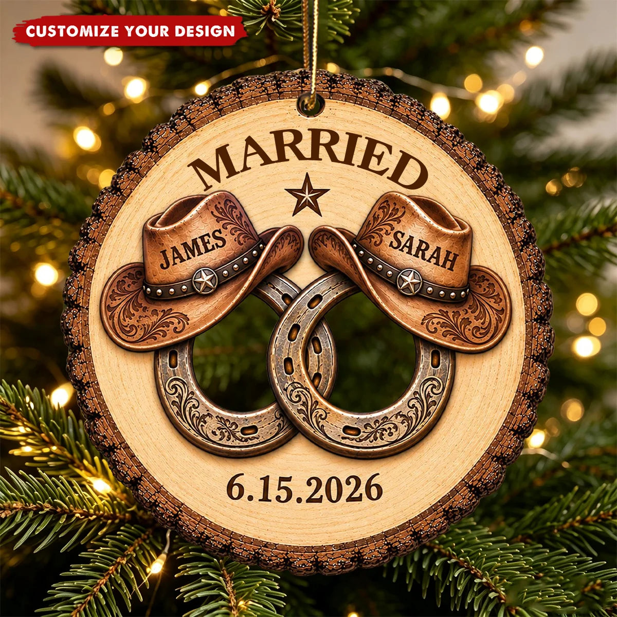 Personalized ENGAGED Western Cowboy Couple Wooden Ornament - Custom Names and Date Keepsake Gift for Newly Engaged Rustic Christmas Tree