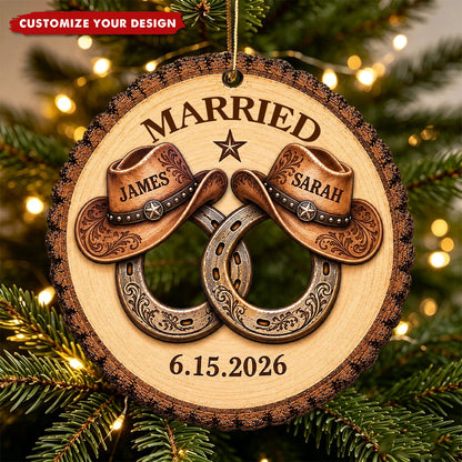 Personalized ENGAGED Western Cowboy Couple Wooden Ornament - Custom Names and Date Keepsake Gift for Newly Engaged Rustic Christmas Tree