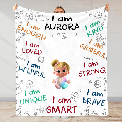 "I Am Enough, Brave & Strong" Personalized Kids Affirmation Blanket - Custom Gift for Boys & Girls