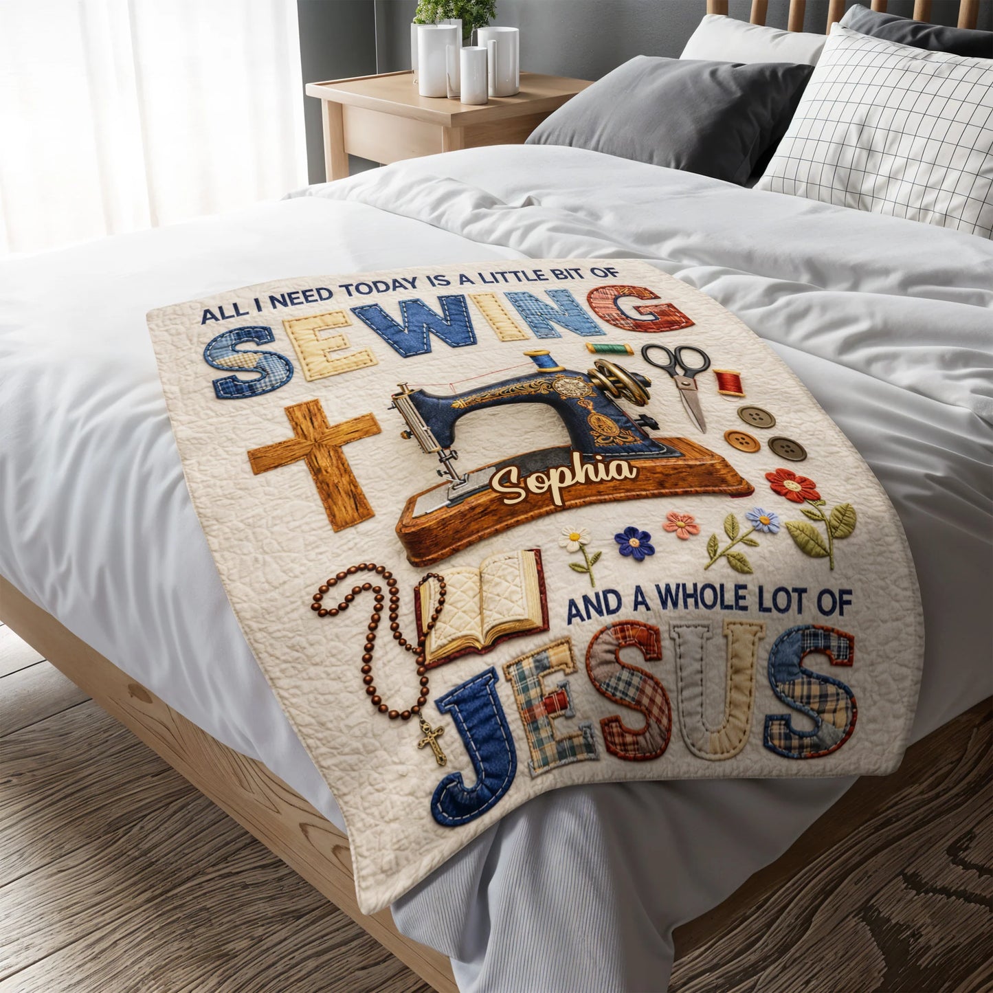 Personalized sewing and Jesus blanket featuring a vintage sewing machine, cross, and custom name for craft lovers image 6