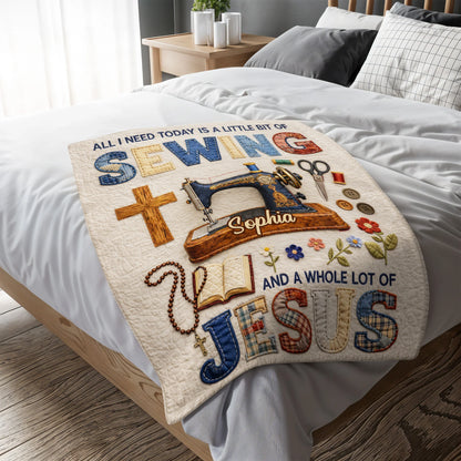 Personalized sewing and Jesus blanket featuring a vintage sewing machine, cross, and custom name for craft lovers image 6
