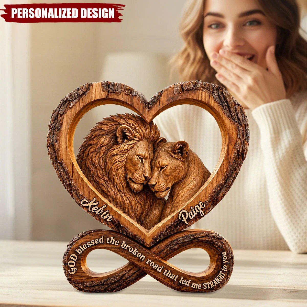 God Blessed The Broken Road - Personalized Lion Wooden Block Keepsake for Couples
