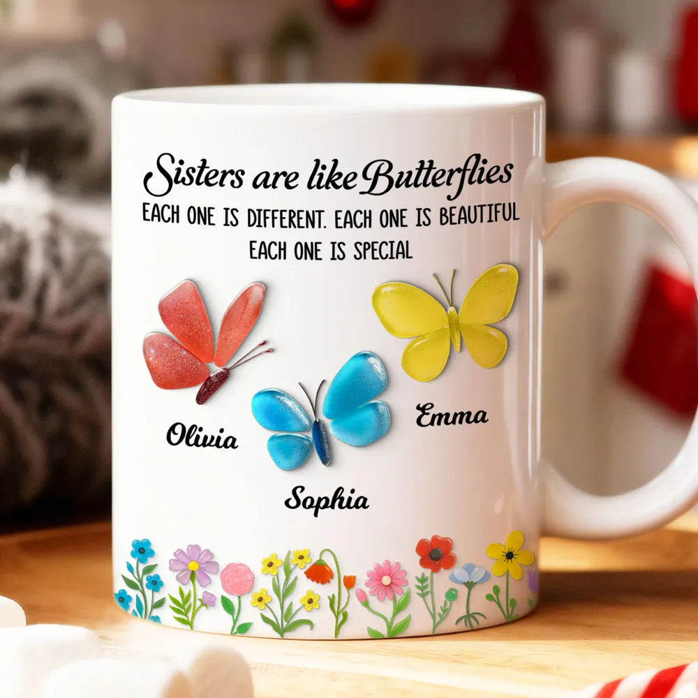 Sisters Are Like Butterflies – Personalized Ceramic Mug for Sister, Custom 3D Sea Glass Gift for Siblings