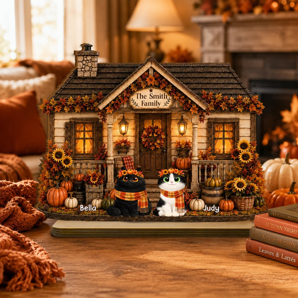 Personalized Fall Season Cat House Wooden Plaque - Custom Pumpkin Autumn Decor Gift