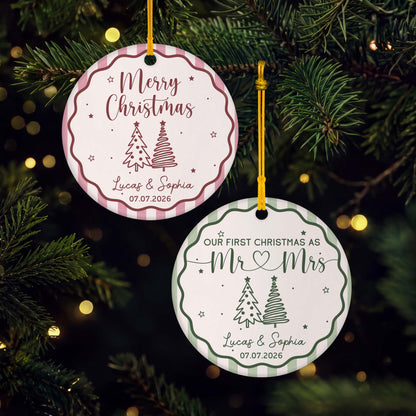 "Our First Christmas as Mr & Mrs" Custom Last Name Ceramic Ornament - Personalized Wedding Gift for Newlywed Couples