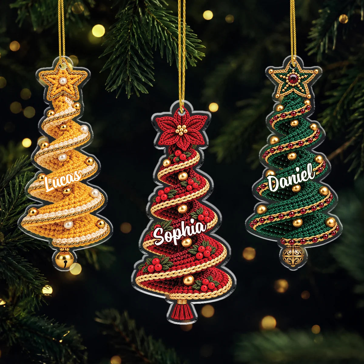 Faux Crochet Christmas Tree Personalized Acrylic Ornament with Name - Holiday Gifts for Family