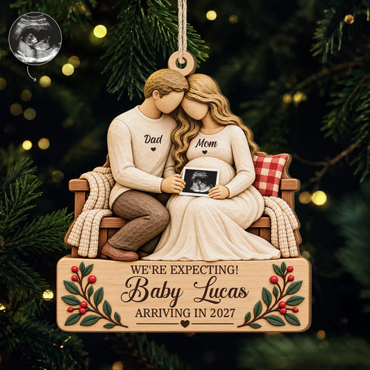 We're Expecting Personalized Wooden Ornament - Christmas Keepsake for Mom & Dad-to-Be