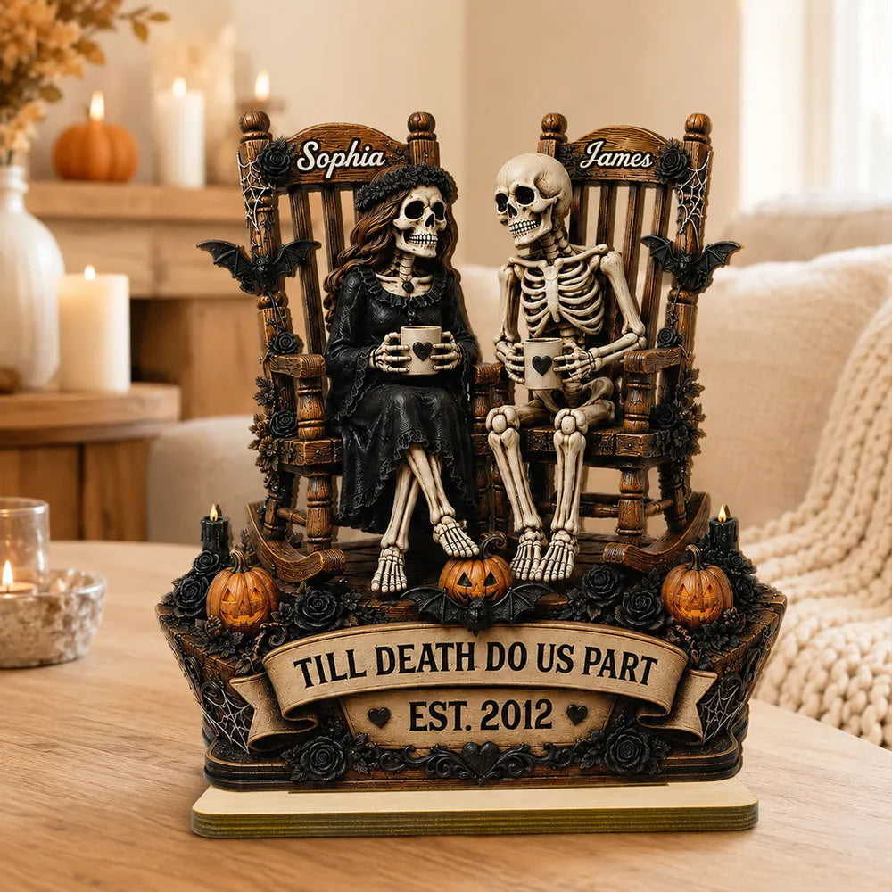 Custom skeleton couple wooden plaque with Till Death Do Us Part quote - personalized anniversary gift for couples